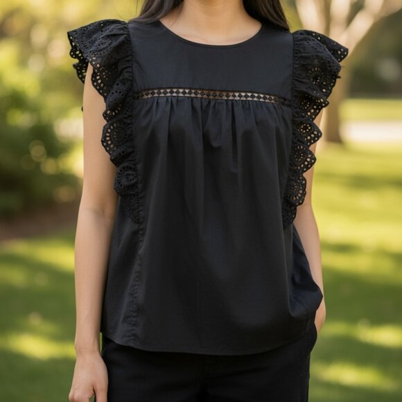 Tyler Boe Tunic Top Black Women's Large Blouse Ruffle Sleeve Boho Cutout - Picture 1 of 12